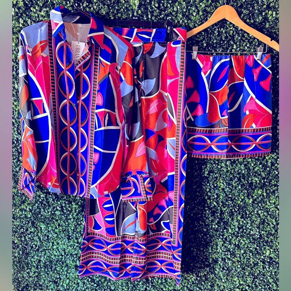 Abstract Design 3-Piece Pants, Blouse & Skirt Set